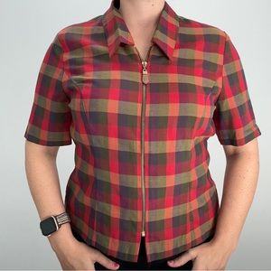 Vintage Jewel Tone Plaid Zip Front Blouse Size 14 Melissa Harper